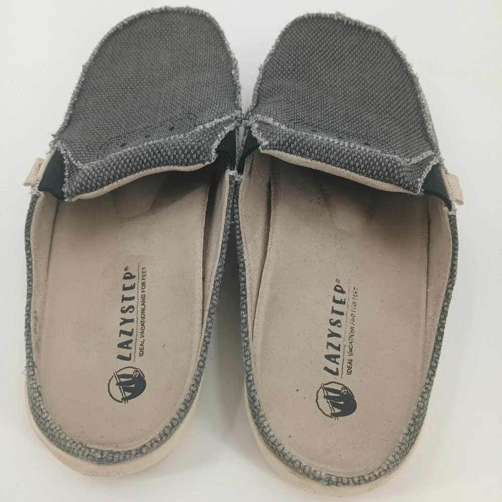 Lazystep Size 13‎ Mens Grey Canvas Slip On Loafers Backless Frayed Comfort Shoes